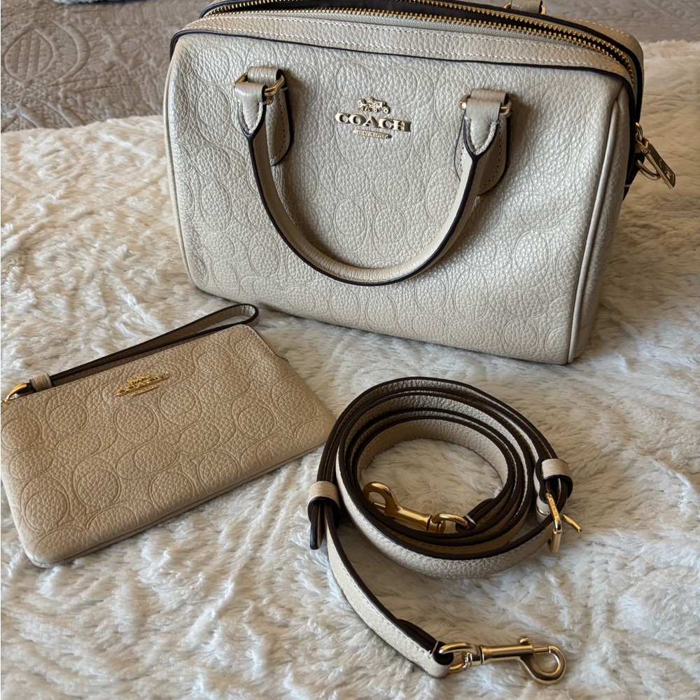 Coach Cream Signature Leather Crossbody with Matching Pouch and Strap